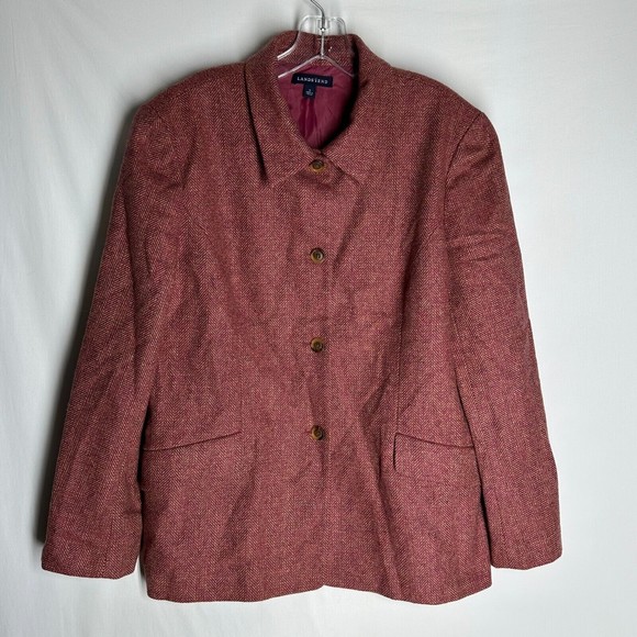 LANDS' END Womens Wool Tweed Jacket Herringbone Button Front Long Sleeve Pink 14 - Picture 6 of 8
